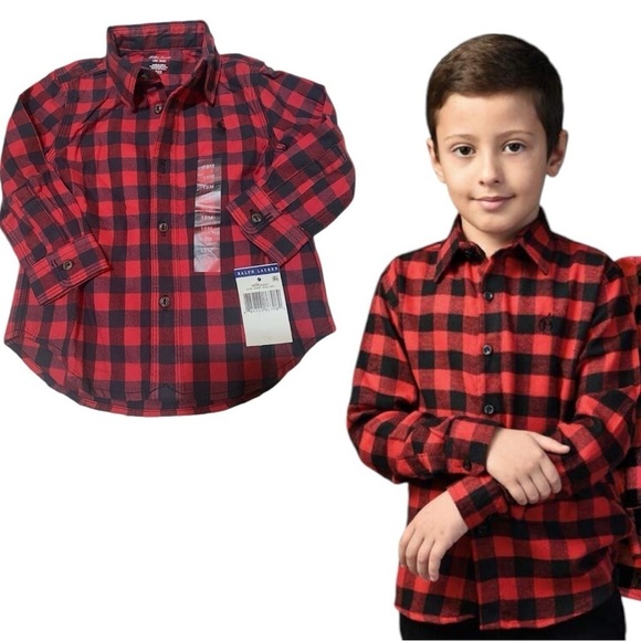POLO RALPH LAUREN Flannel Shirt Boys Size 18M Buffalo Plaid Cottagec… - Picture 1 of 10